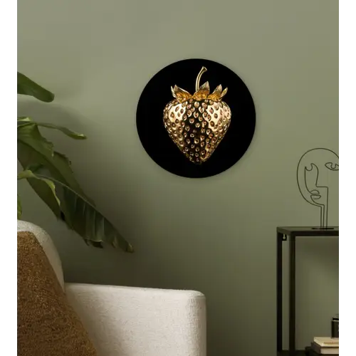 Aardbei - Goud - Zwart - Chrome Wandcirkel kunststof plaat 5mm dik klein -sfeer3