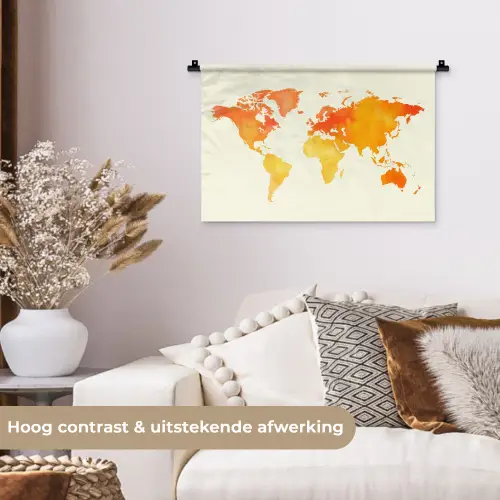 Wereldkaart - Oranje - Kleurrijk Wandkleed katoen klein -sfeer1
