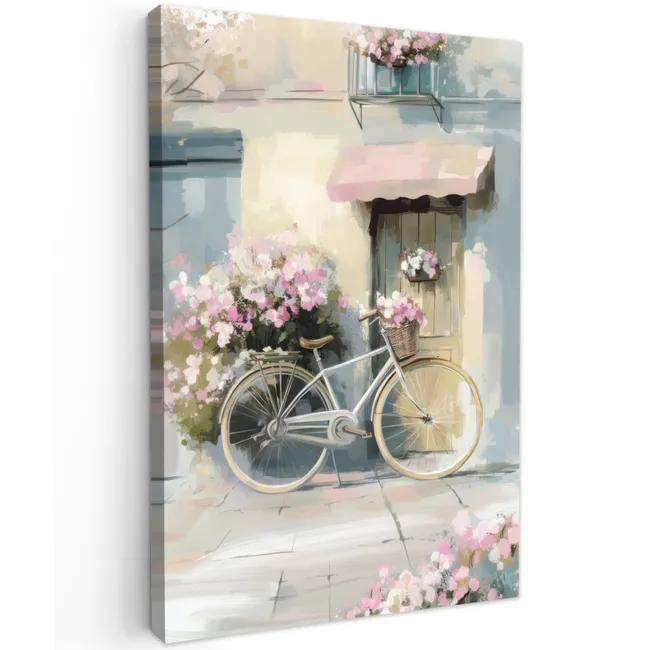 Fiets - Pastelkleuren - Bloemen Tuinposter op houten frame 2 cm dik klein -3d