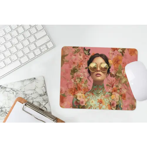Vrouw - Bril - Roze - Bloemen muismat rubber klein -witbureau