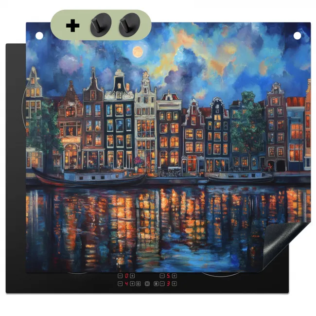 Inductie beschermer en spatscherm (2in1) - Grachten Amsterdam - Huizen - Stad - Kleurrijk