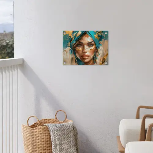 Vrouw - Portret - Goud - Luxe - Blauw tuinposter los doek klein -sfeer8