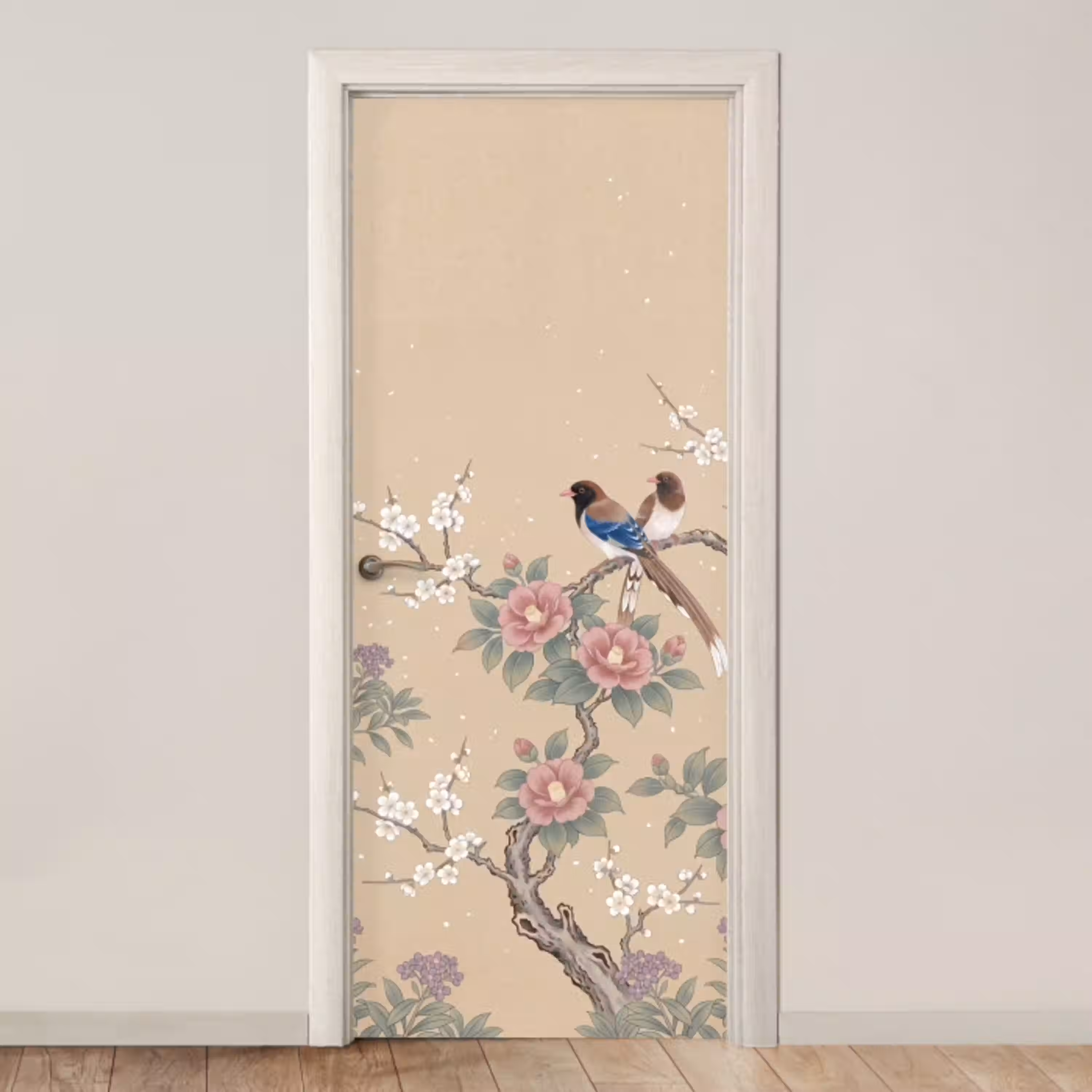 Bloemen - Vogels - Bloemen deurposter klein -3d_beige