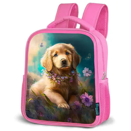 Puppy - Bloemenkrans - Vlinder - Hond - Golden retriever Kinderrugzak - Roze middel -schuin