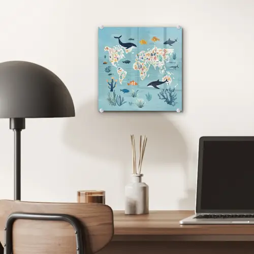 Wereldkaart - Zeeleven - Blauw plexiglas 5mm klein -sfeer6