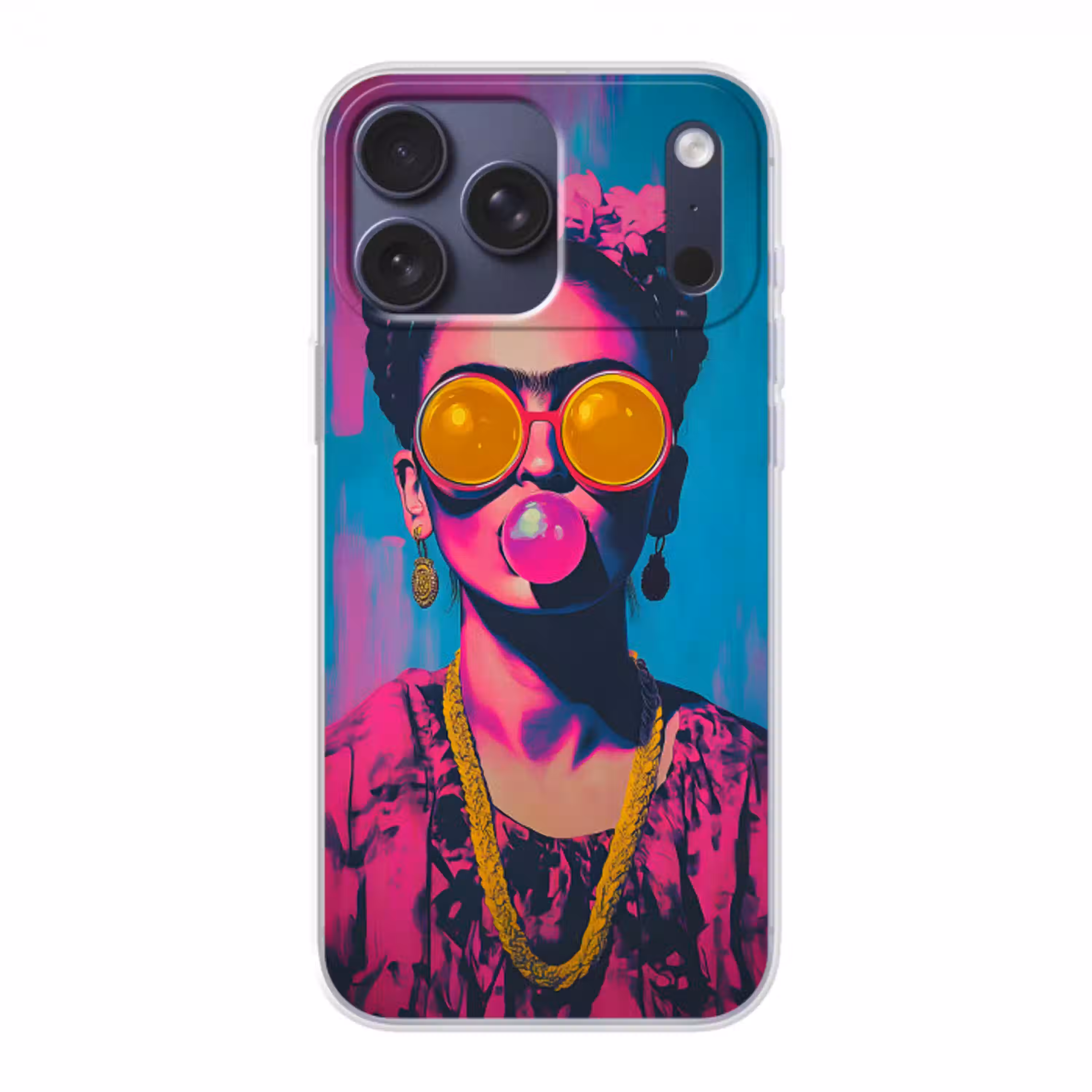 Vrouw - Kauwgom - Zonnebril - Oranje Telefoonhoesje iPhone 17 Pro Max klein -3d