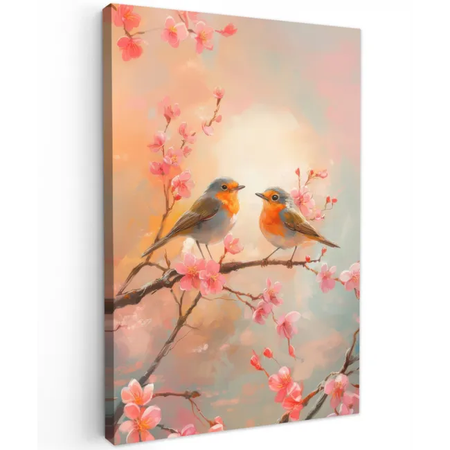 Roodborstjes - Sierlijk - Bloesemtak Tuinposter op houten frame 2 cm dik klein -3d