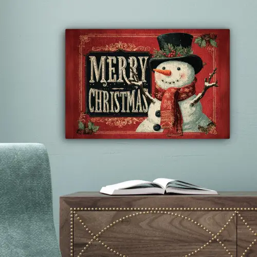 Klassiek - Kerstgroet - Sneeuwpop - Rood canvas 2cm klein -sfeer4
