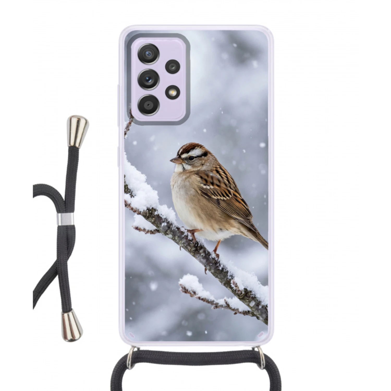 Vogel - Tak - Sneeuw - Winter Hoesje Samsung Galaxy A52 5G met koord klein -3d
