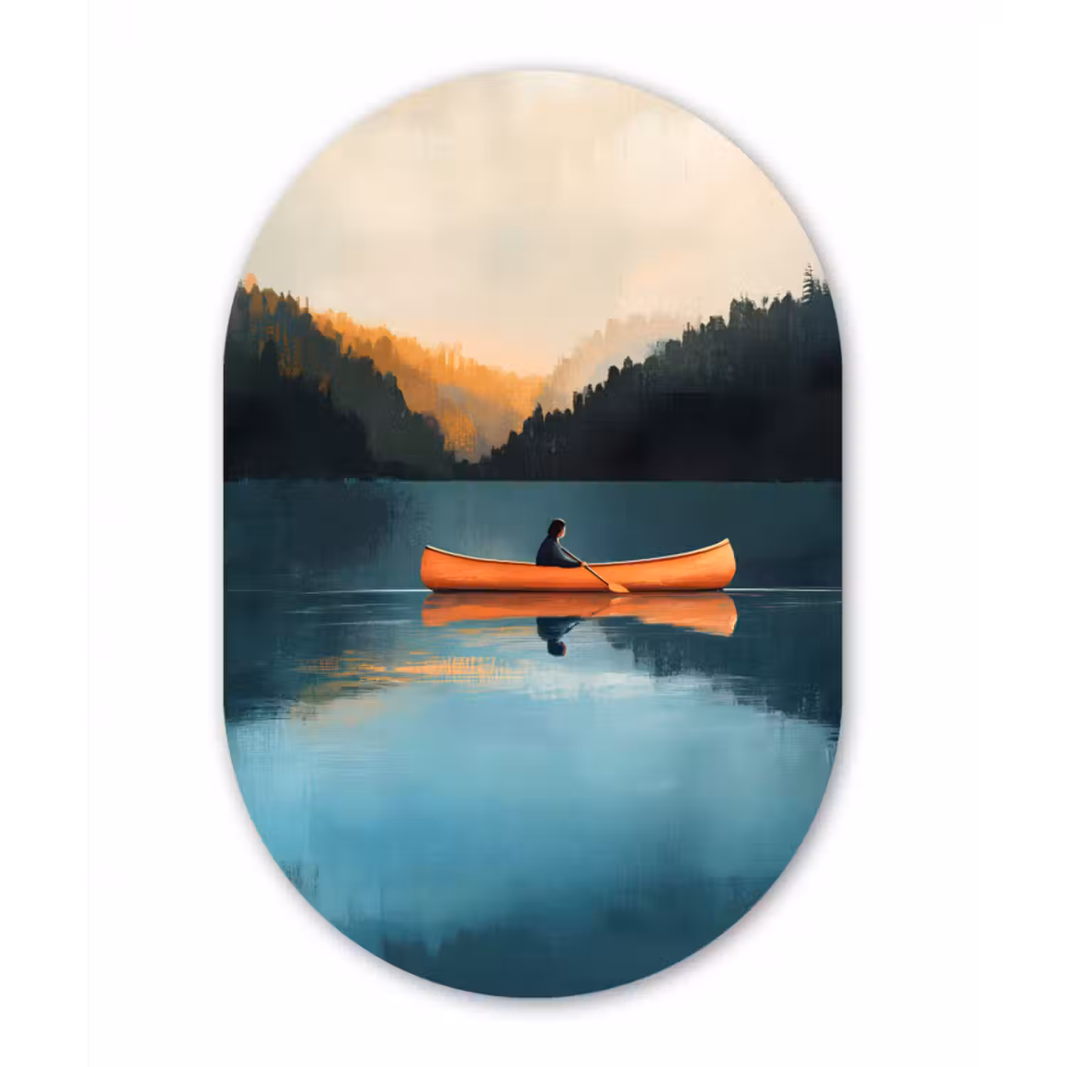 Glasbild Oval - Wälder - See - Kanu - Orange
