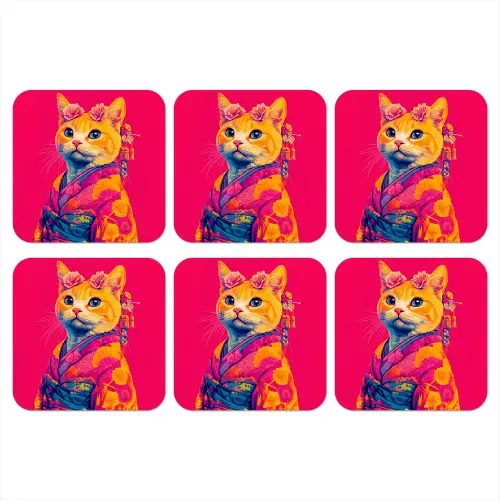 Kat - Kimono - Bloemen - Roze onderzetter kurk middel -3d