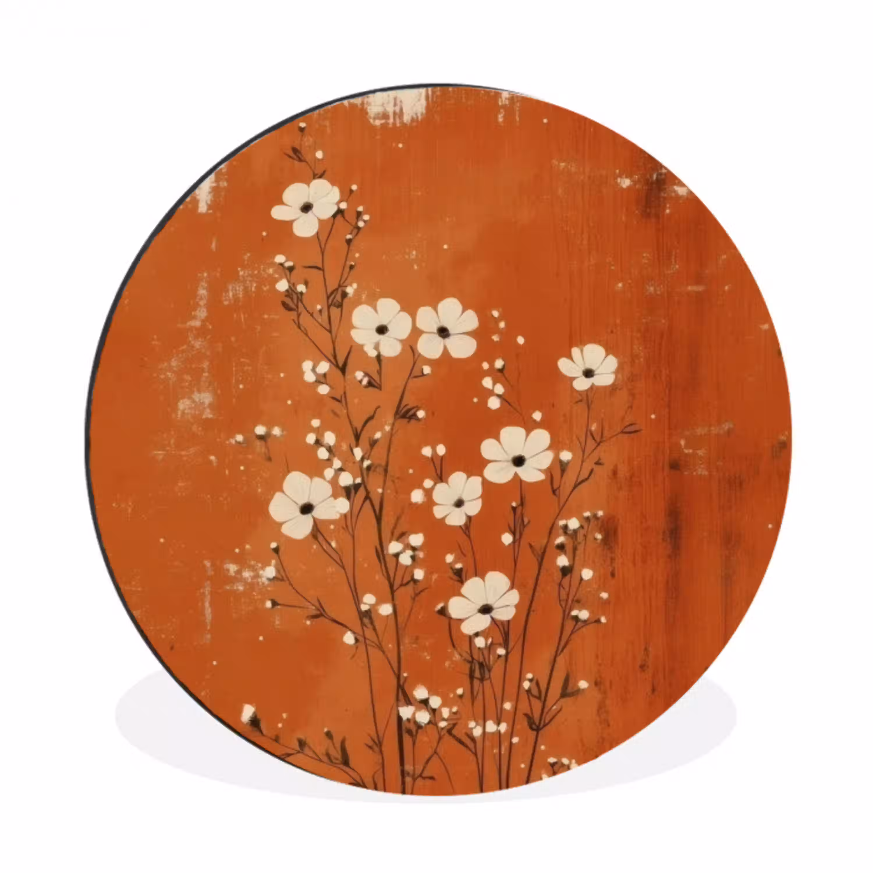 Bloemen - Wit - Subtiel - Roestkleur Wandcirkel aluminium klein -3d