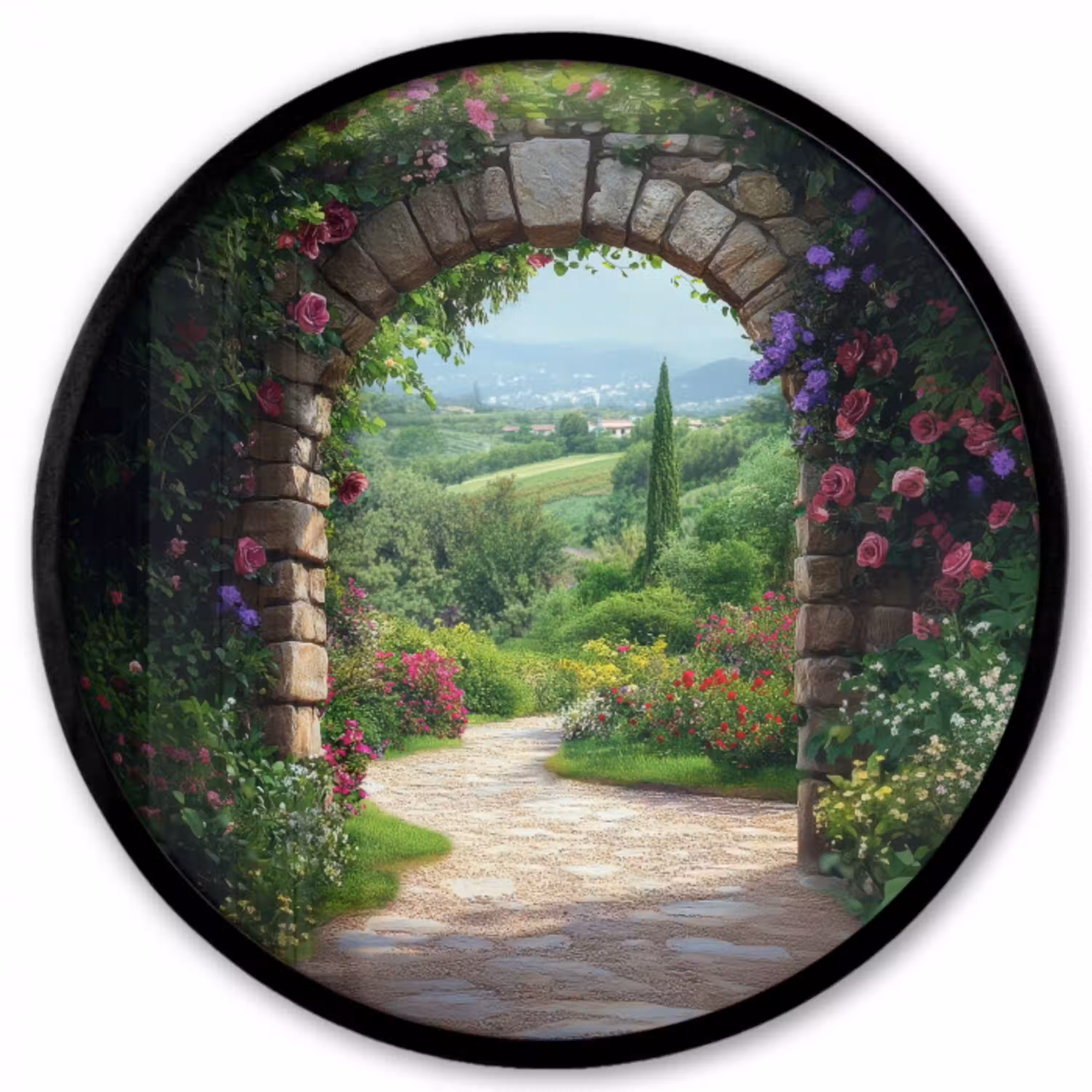 Doorkijk - Landschap - Bloemen - Pad - Uitzicht Fotolijst rond zonder passe partout klein -3d