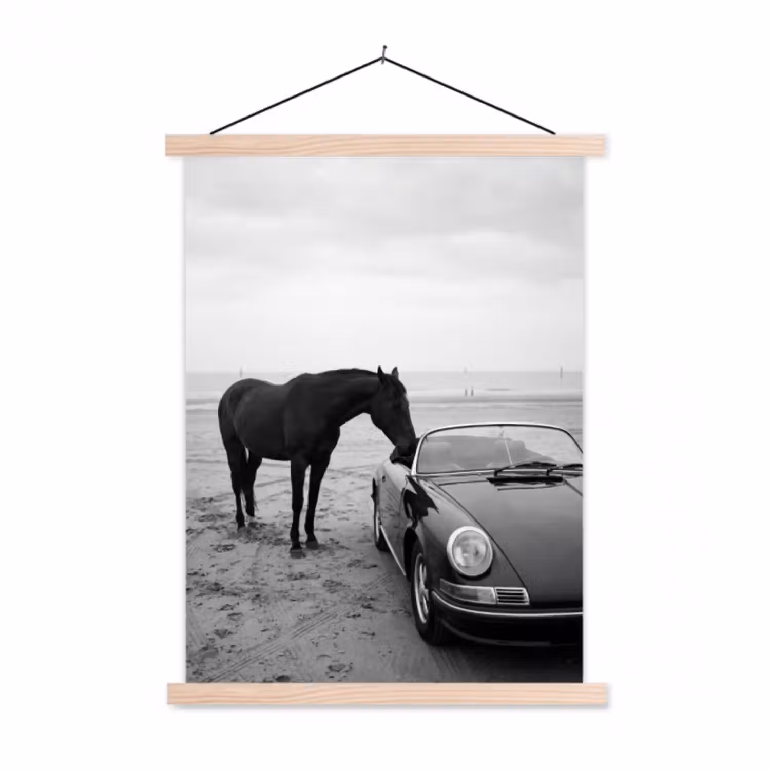 Stoffbild - Pferd - Auto - Schwarz - Weiß