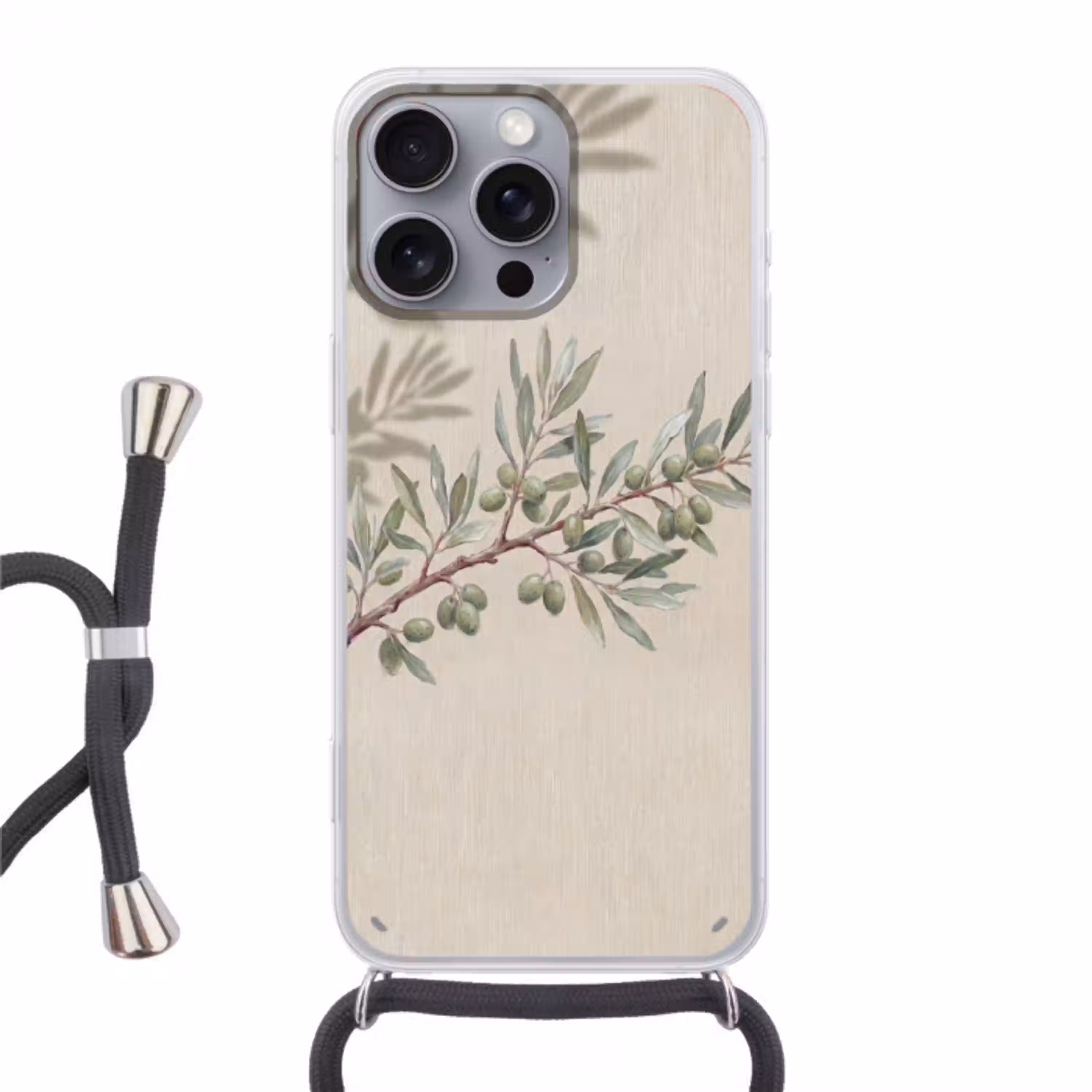 Olijftak - Bladeren - Natuur - Groen - Beige Hoesje iPhone 16 Pro Max met koord klein -3d
