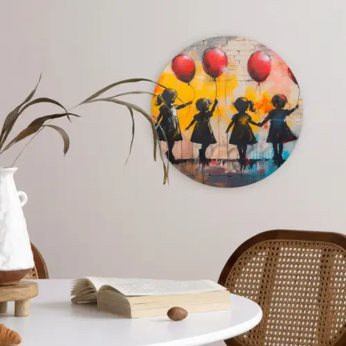Graffiti - Kinderen - Street art - Ballon - Banksy Wandcirkel kunststof plaat 5mm dik klein -sfeer4