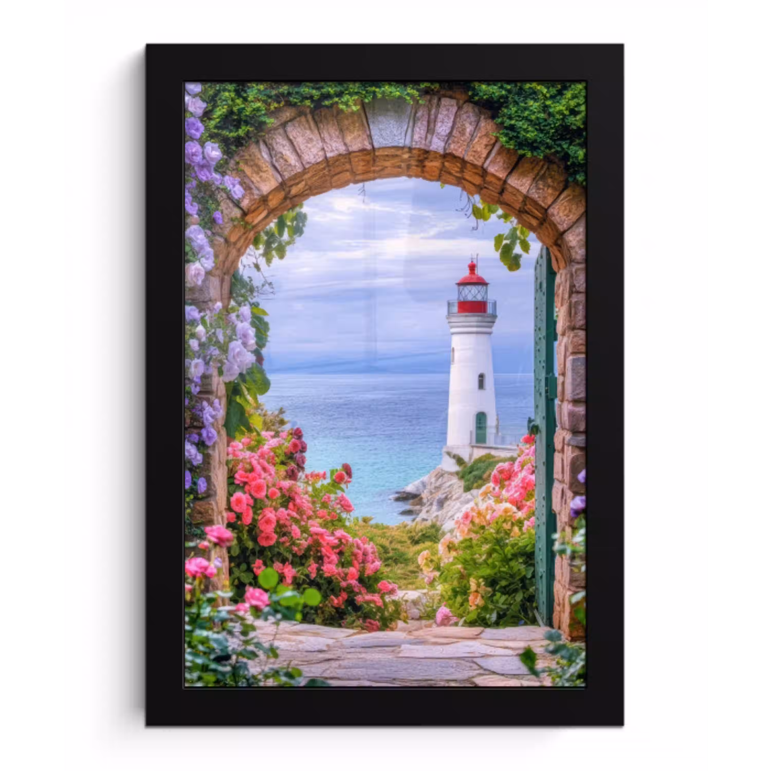 Doorkijk - Vuurtoren - Bloemen - Uitzicht fotolijst zwart zonder passe partout klein -3d