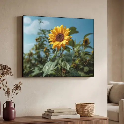 Zonnebloemen - Helderblauwer lucht - Gras Textielframe zwart klein -sfeer3