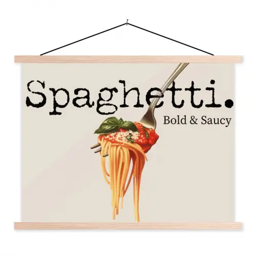 Spaghetti - tomatensaus - Parmezaanse kaas textielposter latten blank klein -3d