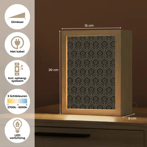 Zeshoek - Zwart - Goud - Bloem Light Box met kabel (Tafellamp) klein 925 -USP_NL