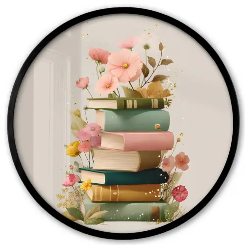 Boeken - Stapel - Bloemen - Kleurrijk Fotolijst rond zonder passe partout klein -3d