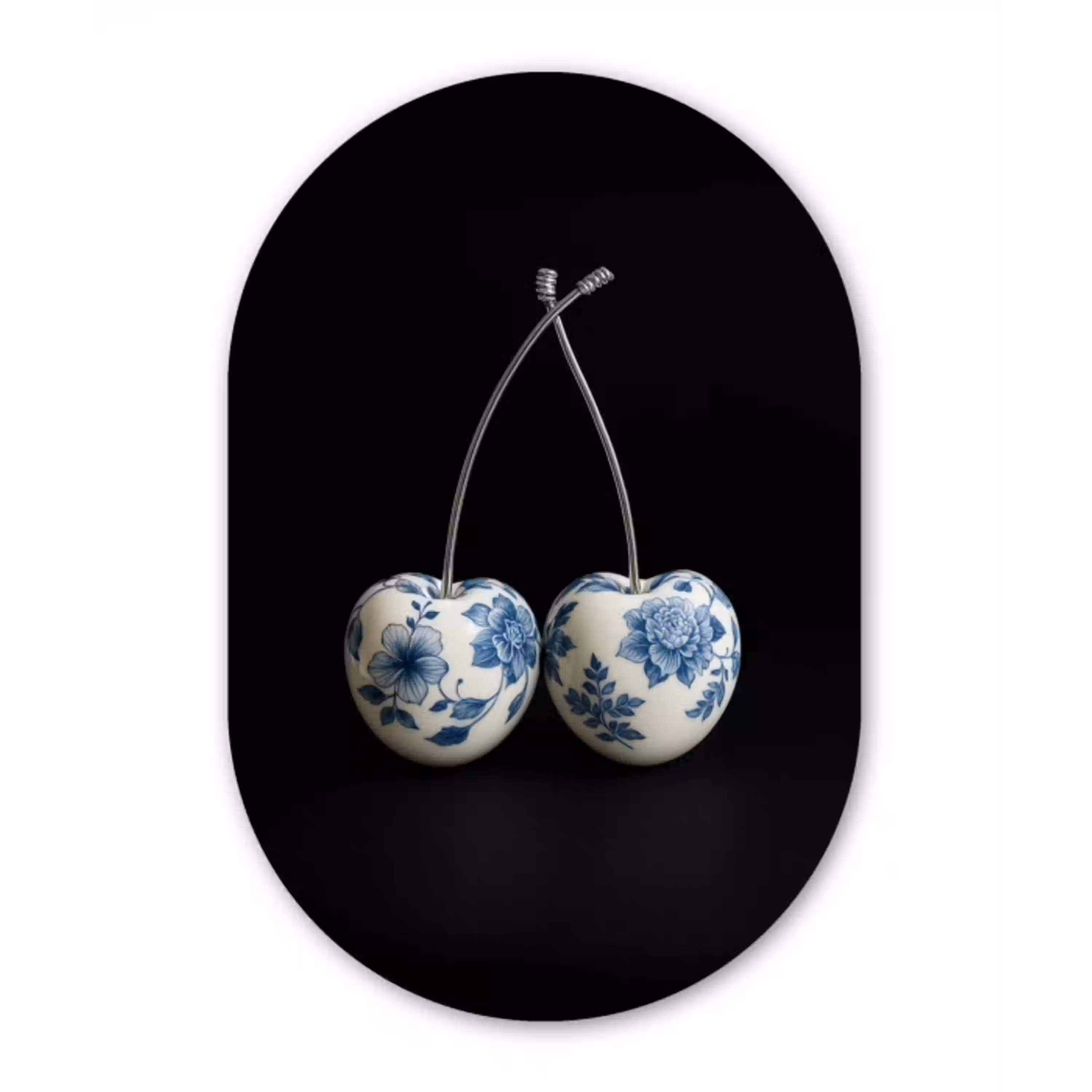 Kersen - Delfts blauw - Fruit Wandcirkel Ovaal Glas middel -3d