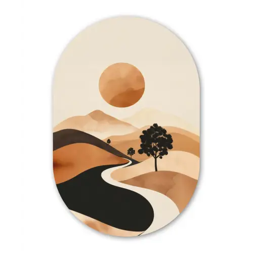 Zon - Heuvels - Boom - Abstract Wandcirkel Ovaal Forex klein -3d