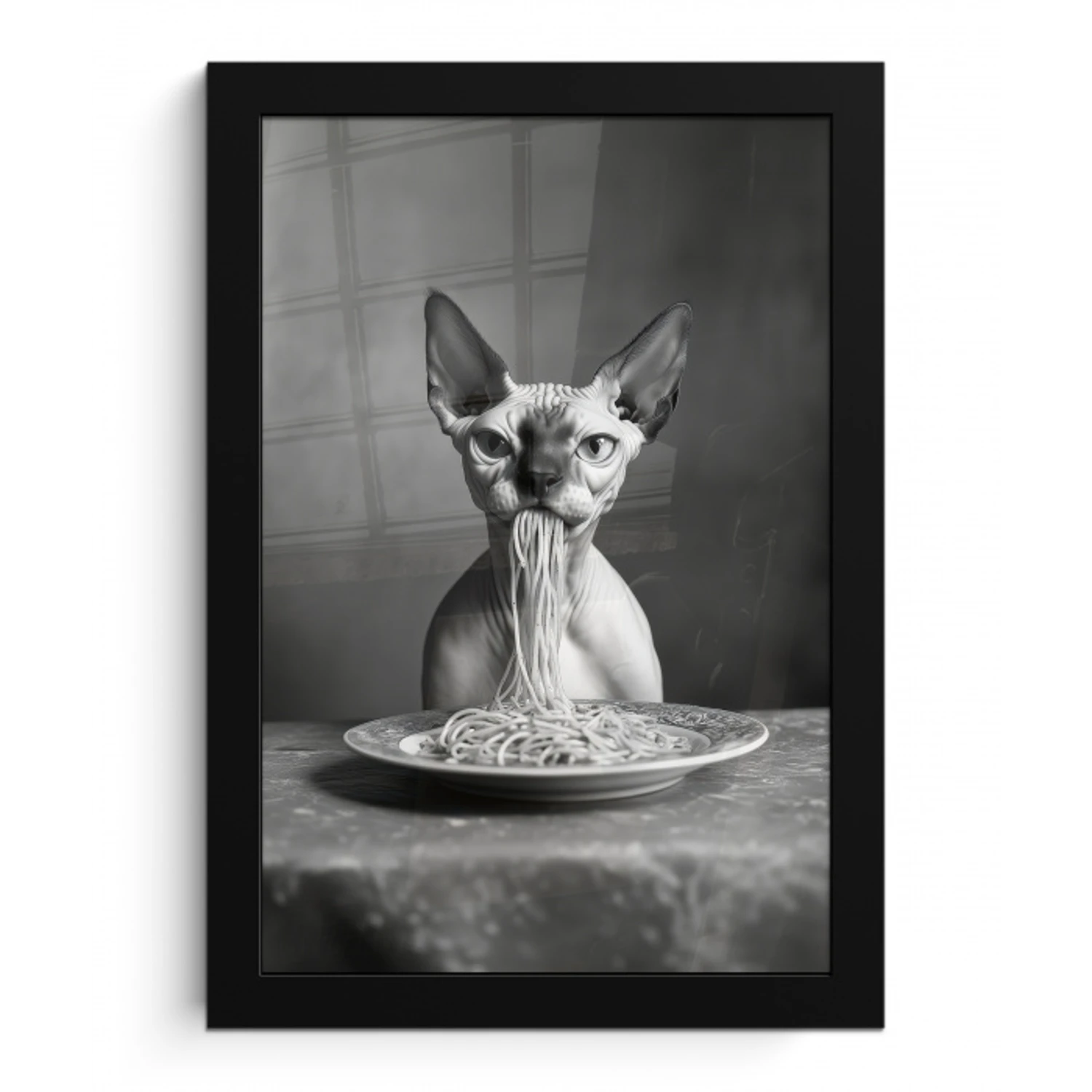 Sphynx - Kat - Dieren - Humor - Spaghetti - Zwart Wit fotolijst zwart zonder passe partout klein -3d