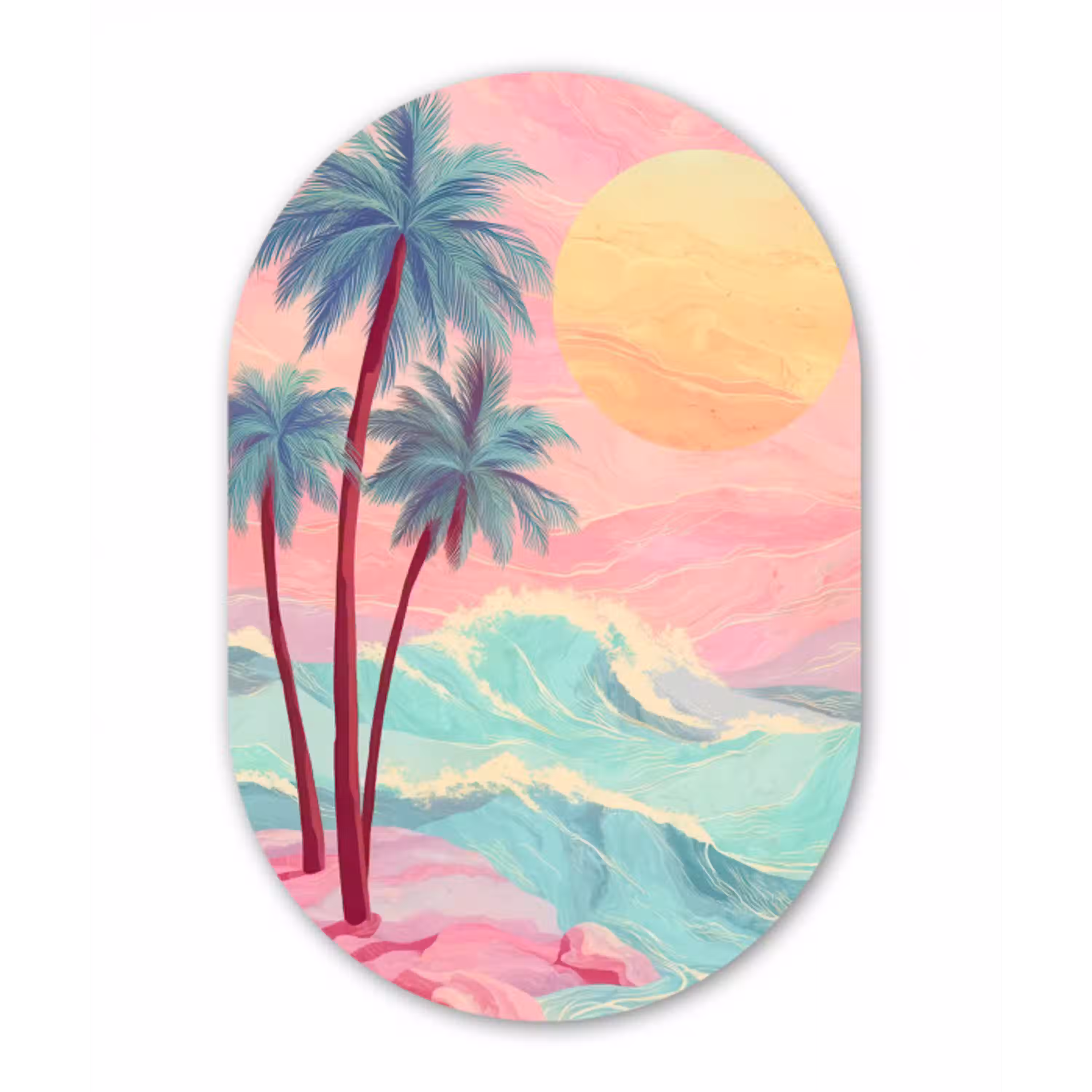 Palmbomen - Golven - Zee Wandcirkel Ovaal Aluminium middel -3d