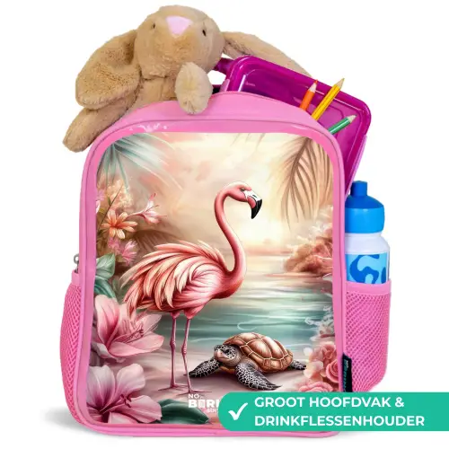 Flamingo en schildpad op een roze strand. Kinderrugzak - Roze middel -inhoud_NL