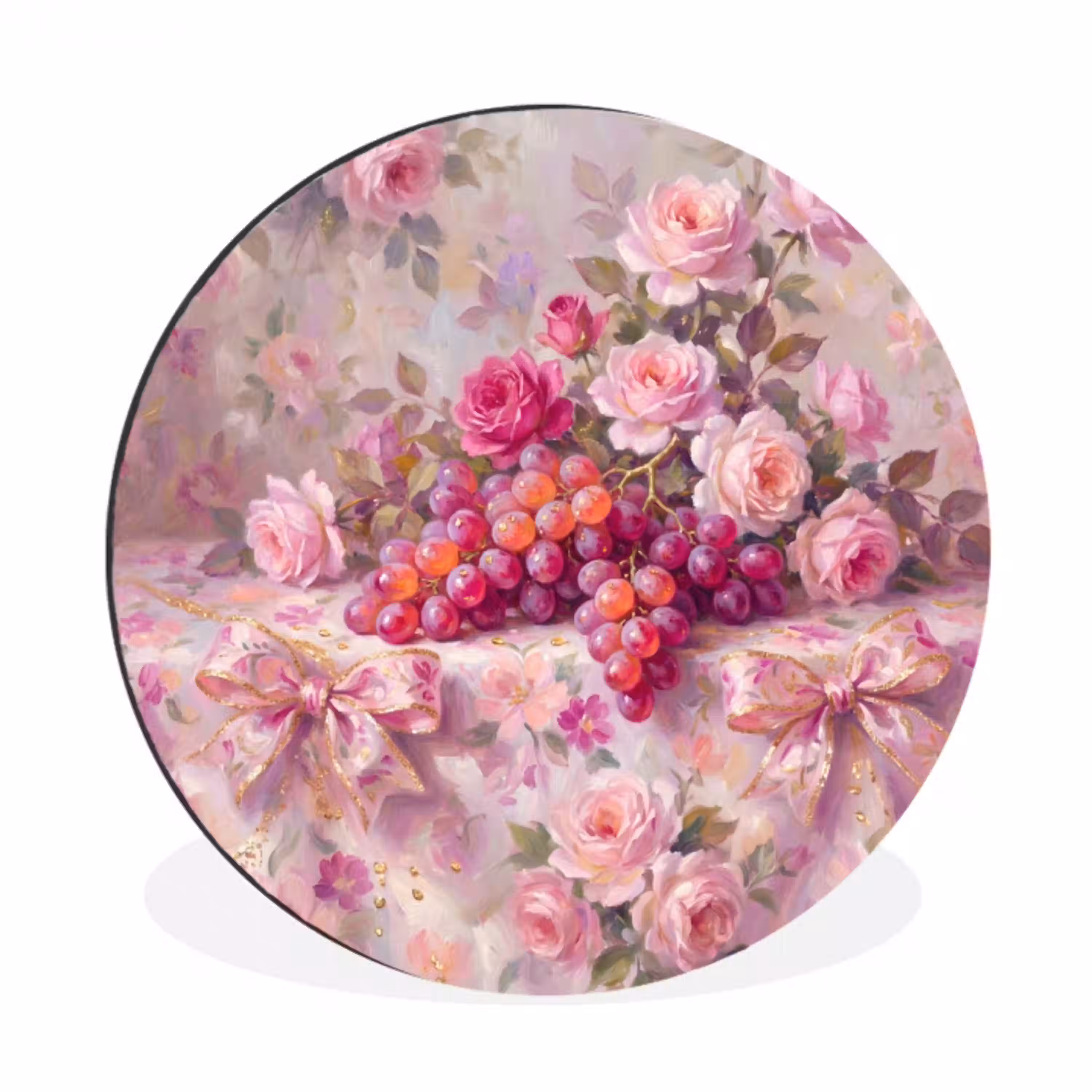 Eten - Bloemen - Stilleven - Roze - Goud Wandcirkel aluminium klein -3d
