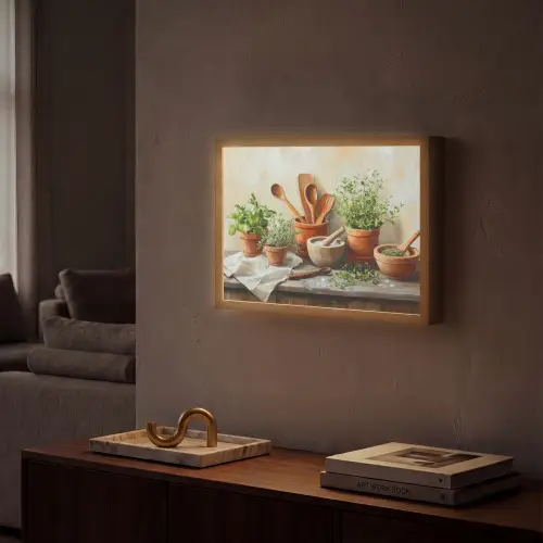 Potten - Kruiden - Hout Light Box met batterij (Wandlamp) middel -sfeer1