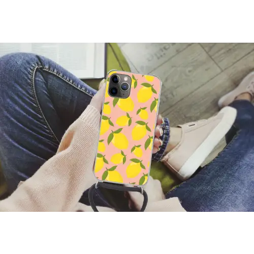 Citroenen - Geel - Roze - Patroon - Vruchten Hoesje iPhone 12 Pro met koord klein -hand