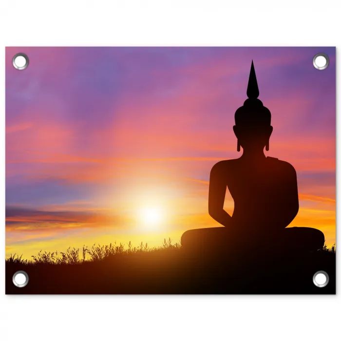 Zonsondergang - Horizon - Boeddha beeld - Buddha -  Silhouette tuinposter los doek klein -3d