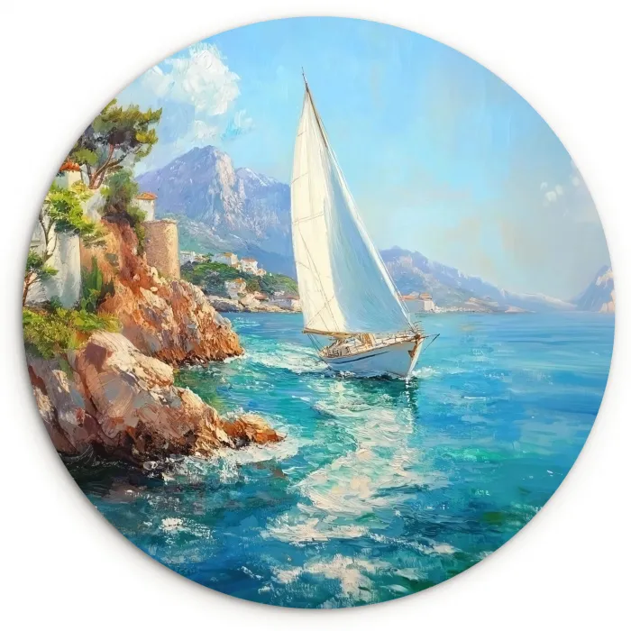 Zeilboot - Rotsen - Kust - Huizen Wandcirkel kunststof plaat 5mm dik klein -3d