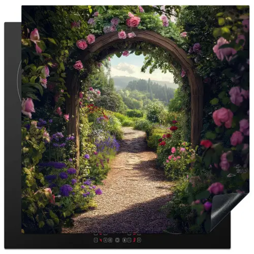 Doorkijk - Landschap - Bloemen - Rozenboog - Natuur Inductie beschermer vinyl 3mm middel -3d