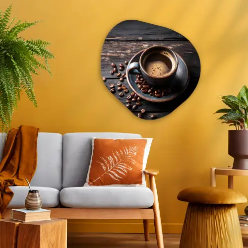 Kop - Koffie - Hout - Bonen Wandcirkel Organisch Aluminium middel -sfeer4