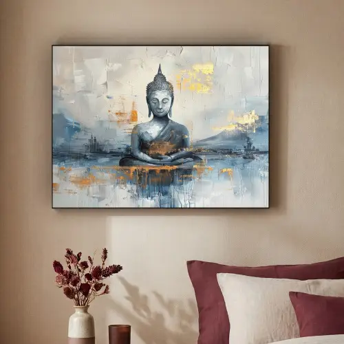 Buddha - Goud - Abstract - Modern Textielframe zwart klein -sfeer1