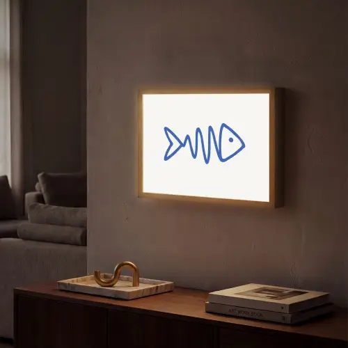 Vis - Minimalistisch - Blauw - Lijn Light Box met batterij (Wandlamp) middel -sfeer1