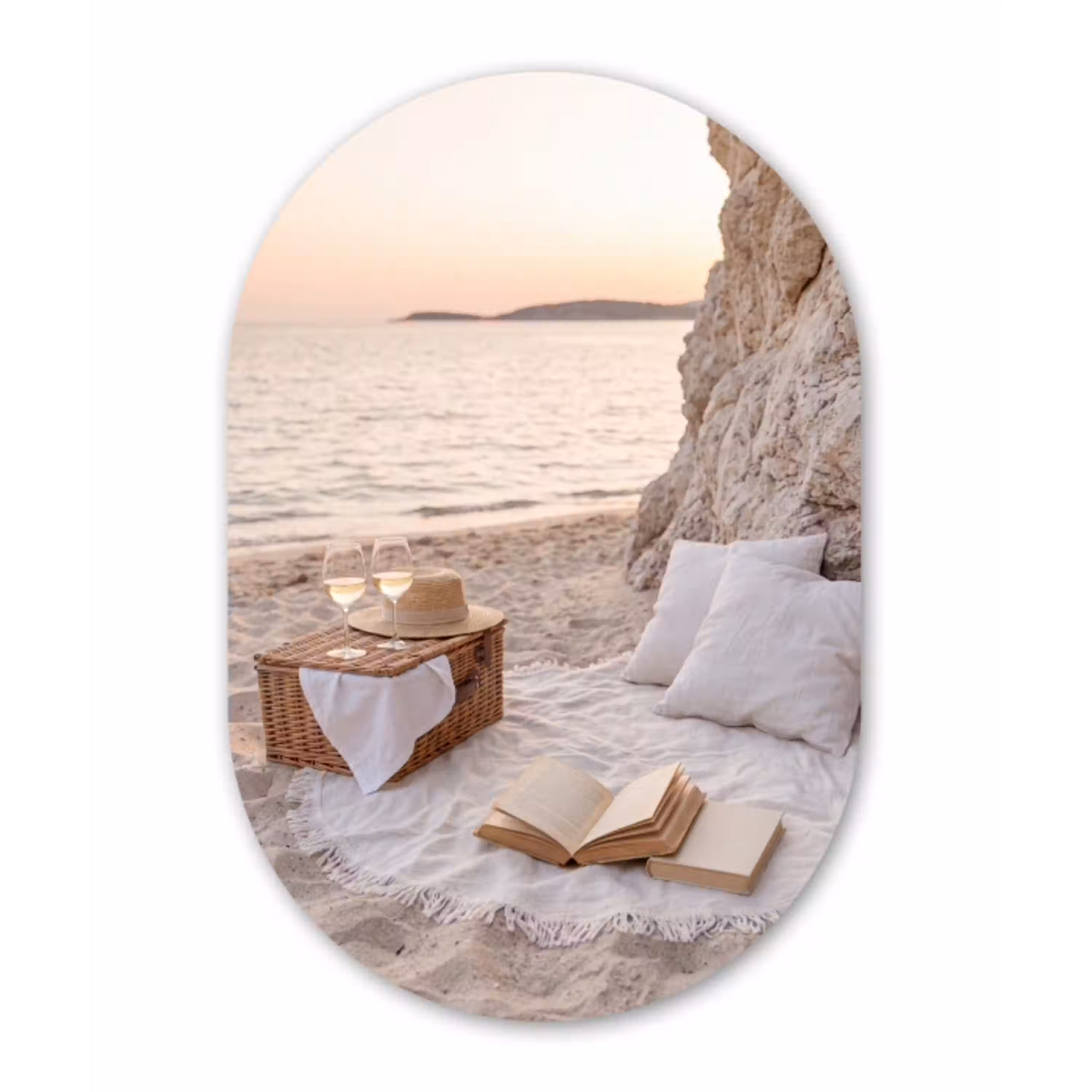 Strand - Picknick - Zonsondergang - Zomer - Natuur Wandcirkel Ovaal Aluminium middel -3d