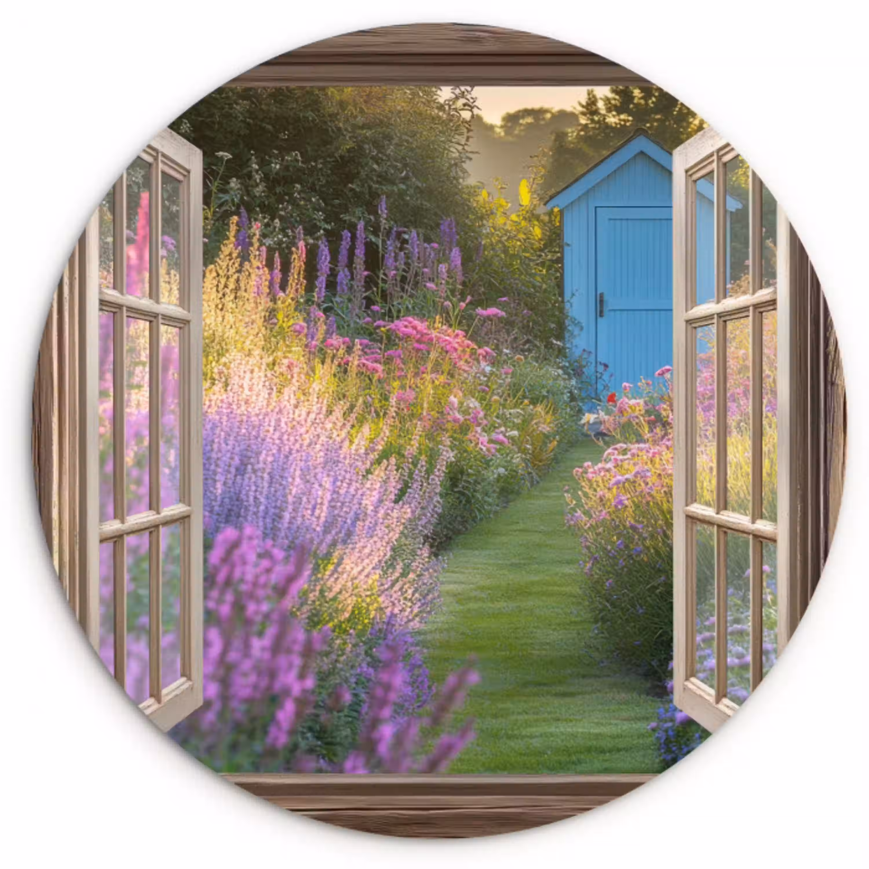 Doorkijk - Bloemen - Raam - Natuur Wandcirkel kunststof plaat 5mm dik klein -3d