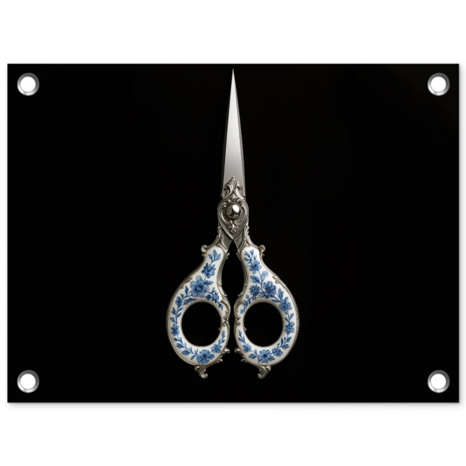 Schaar - Delfts blauw - Zwart tuinposter los doek klein -3d