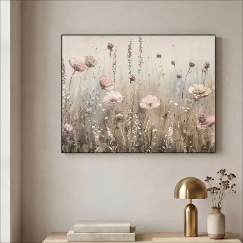 Bloemen - Roze - Modern - Beige Textielframe zwart klein -sfeer2