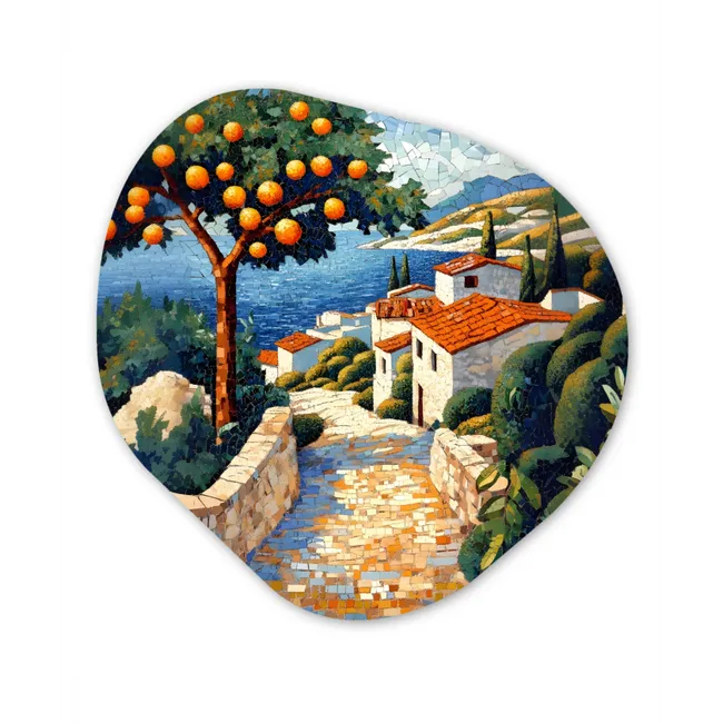 Huizen - Mozaïek - Sinaasappelbomen - Zee Wandcirkel Organisch Forex 3mm klein -3d