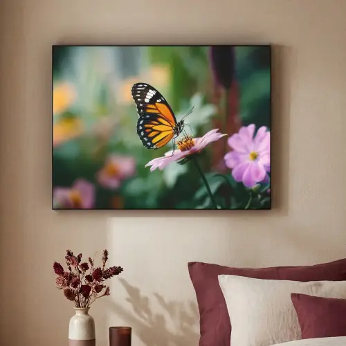 Roze bloemen - Vlinder - Zachte focus Textielframe zwart klein -sfeer1