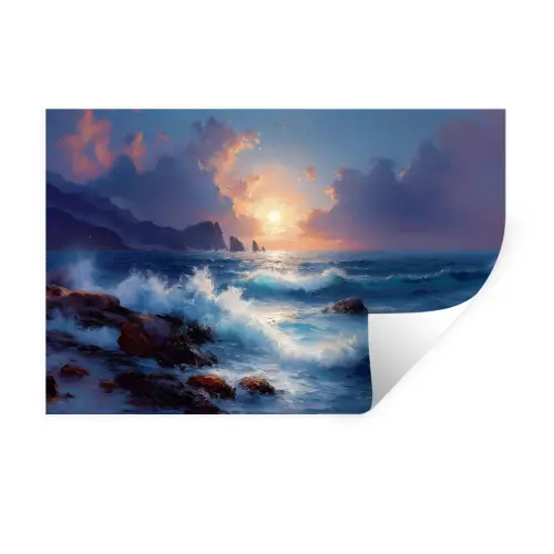 Golven - Zee - Kleurrijk - Rotsen Muursticker klein -3d