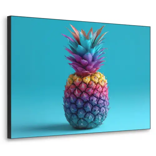 Ananas - Regenboog - Blauw - Popart Textielframe zwart klein -3d