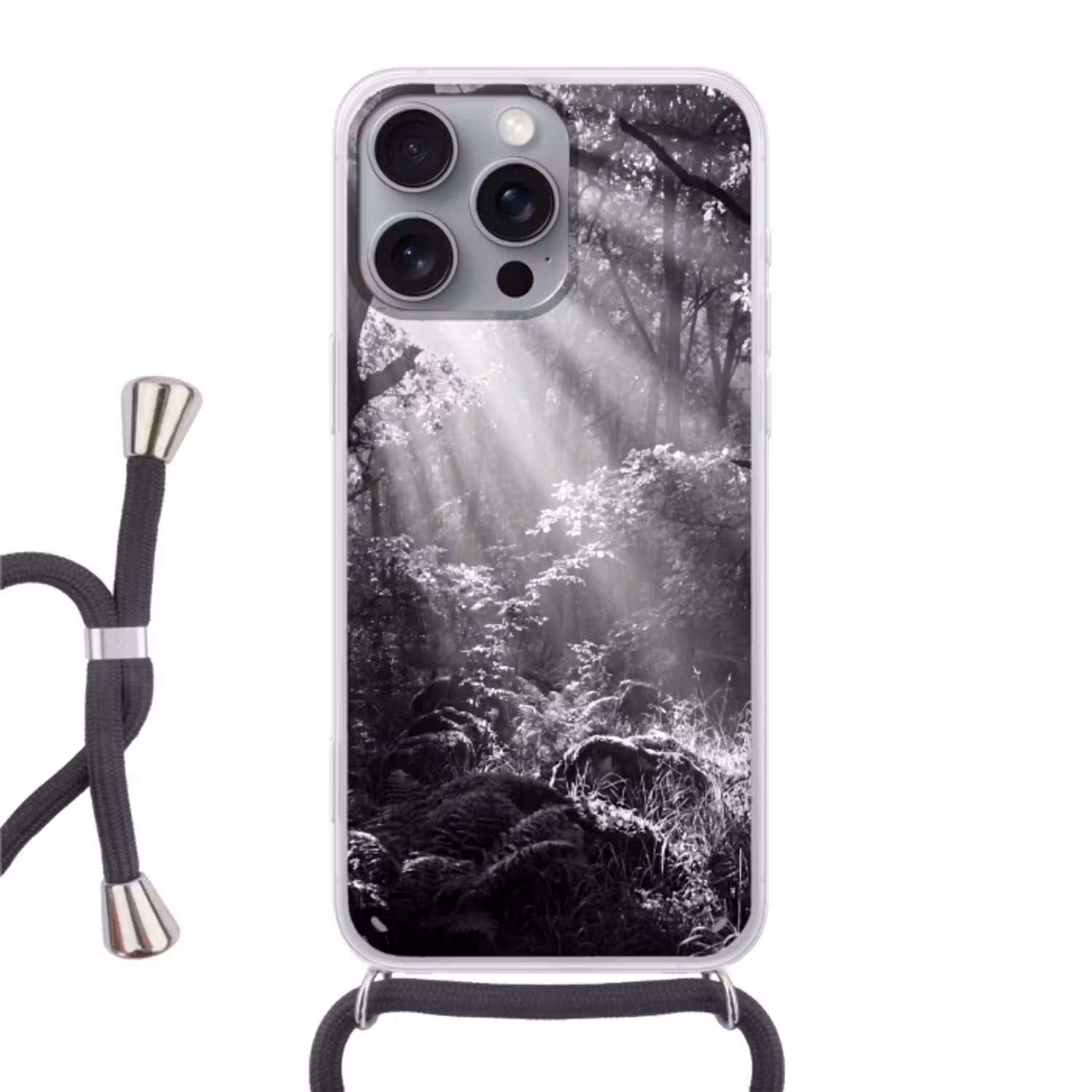 Bos - Lichtstralen - Natuur - Zwart-wit Hoesje iPhone 16 Pro Max met koord klein -3d