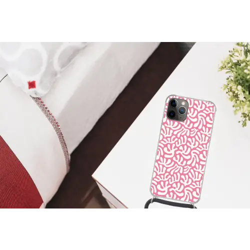 Koraal - Patroon - Roze - Wit - Minimalistisch Hoesje iPhone 12 Pro met koord klein -kamer
