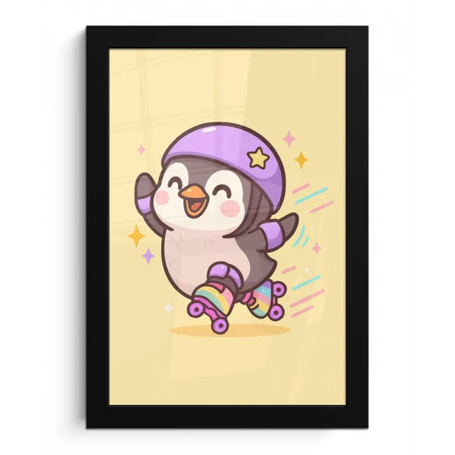 Pinguïn - Rolschaatsen - Geel - Energiek fotolijst zwart zonder passe partout klein -3d